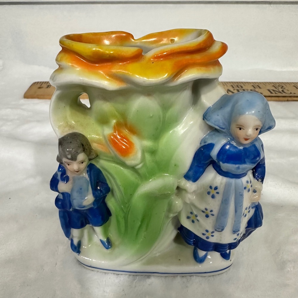 Vintage Made in Japan Dutch Boy Girl Tulip Figural Vase Porcelain Planter Blue